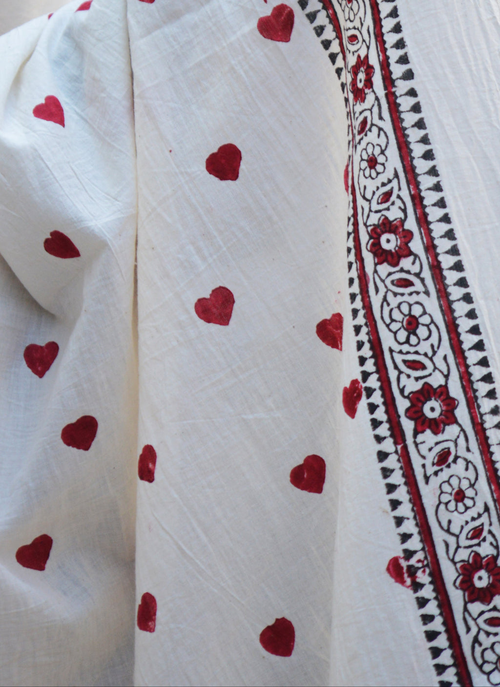 Hand Block Printed Smart Heart Dupatta / Chadar – Cotton with Thread Tassels & Sea Shell Ornaments
