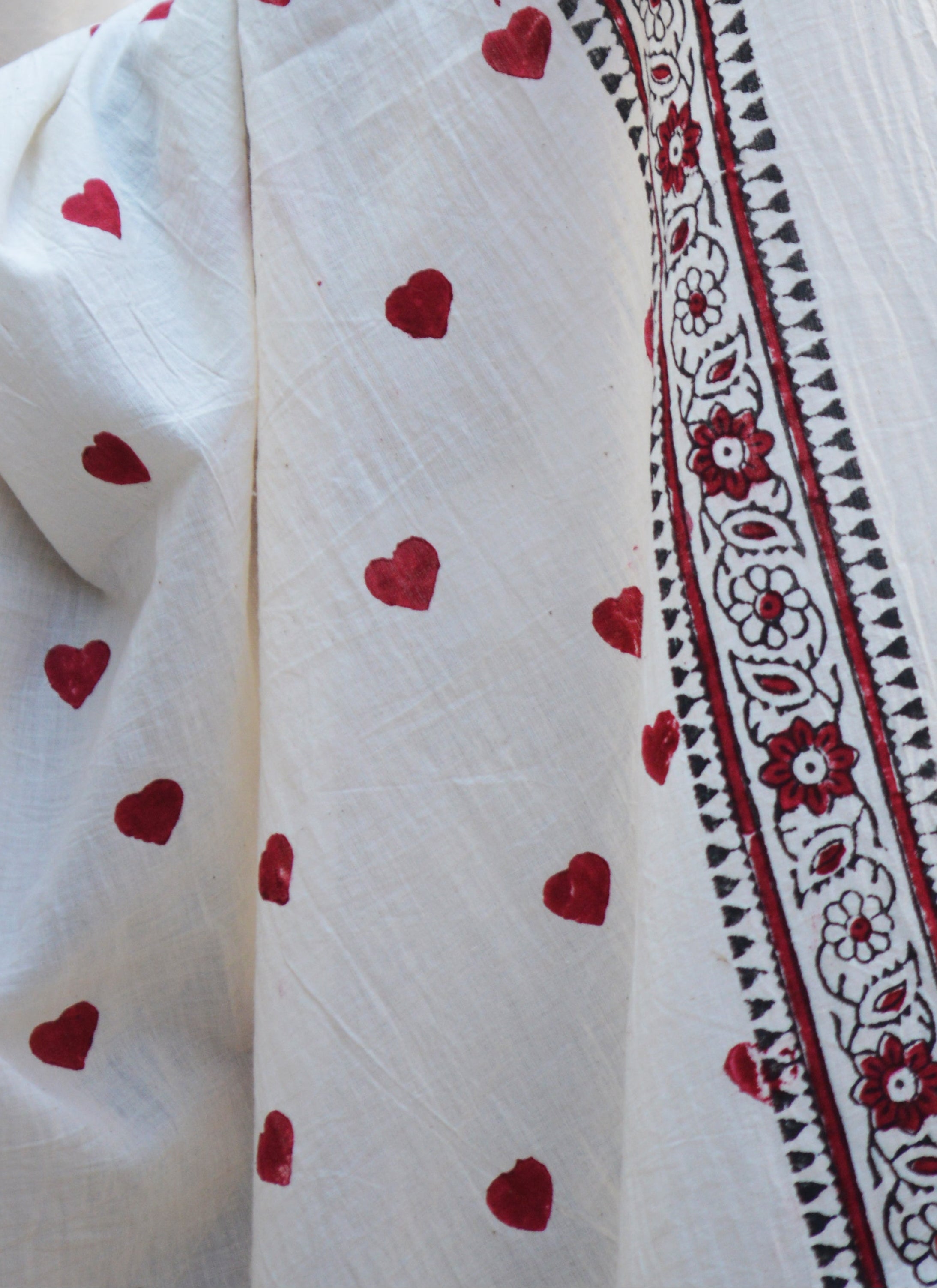 Hand Block Printed Smart Heart Dupatta / Chadar – Cotton with Thread Tassels & Sea Shell Ornaments