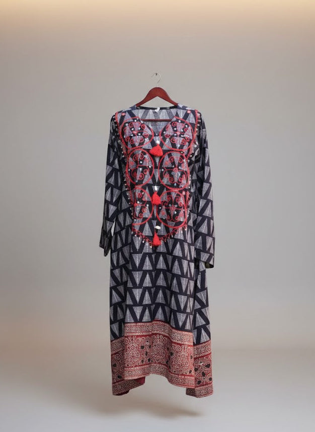 Natural Dyed Ajrak Kurti frock – Hand Block Printed with Mirror Embroidery (Lawn)