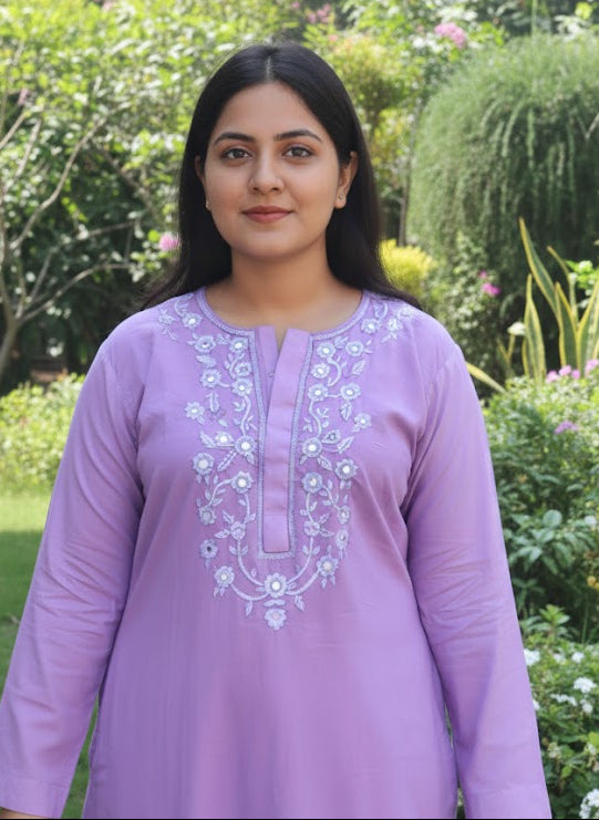 Hand Embroidered Purple Two-Piece Dress – Mirror Work Neckline in Soft Lawn