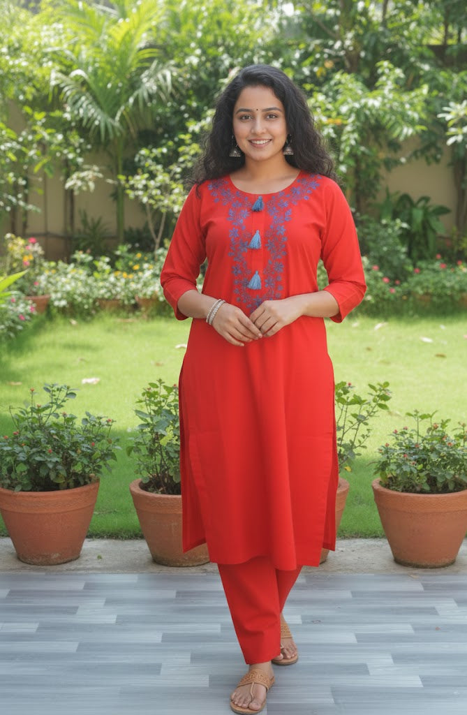 Hand Embroidered Red Two-Piece Dress – Stitched Kurta & Trouser