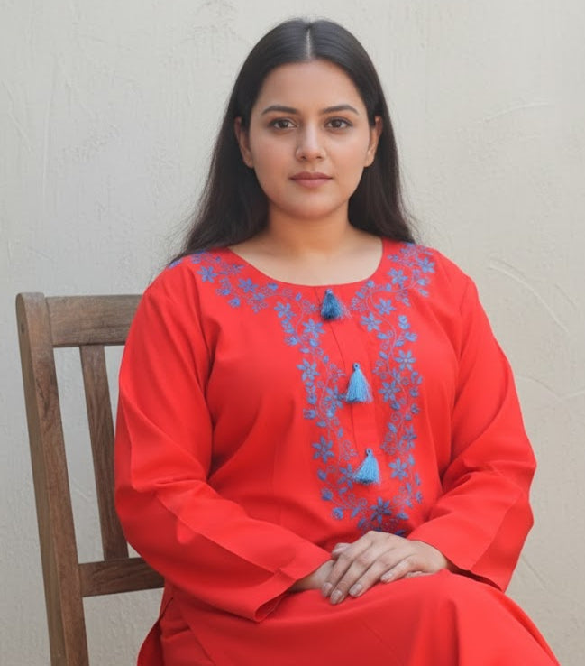 Hand Embroidered Red Two-Piece Dress – Stitched Kurta & Trouser