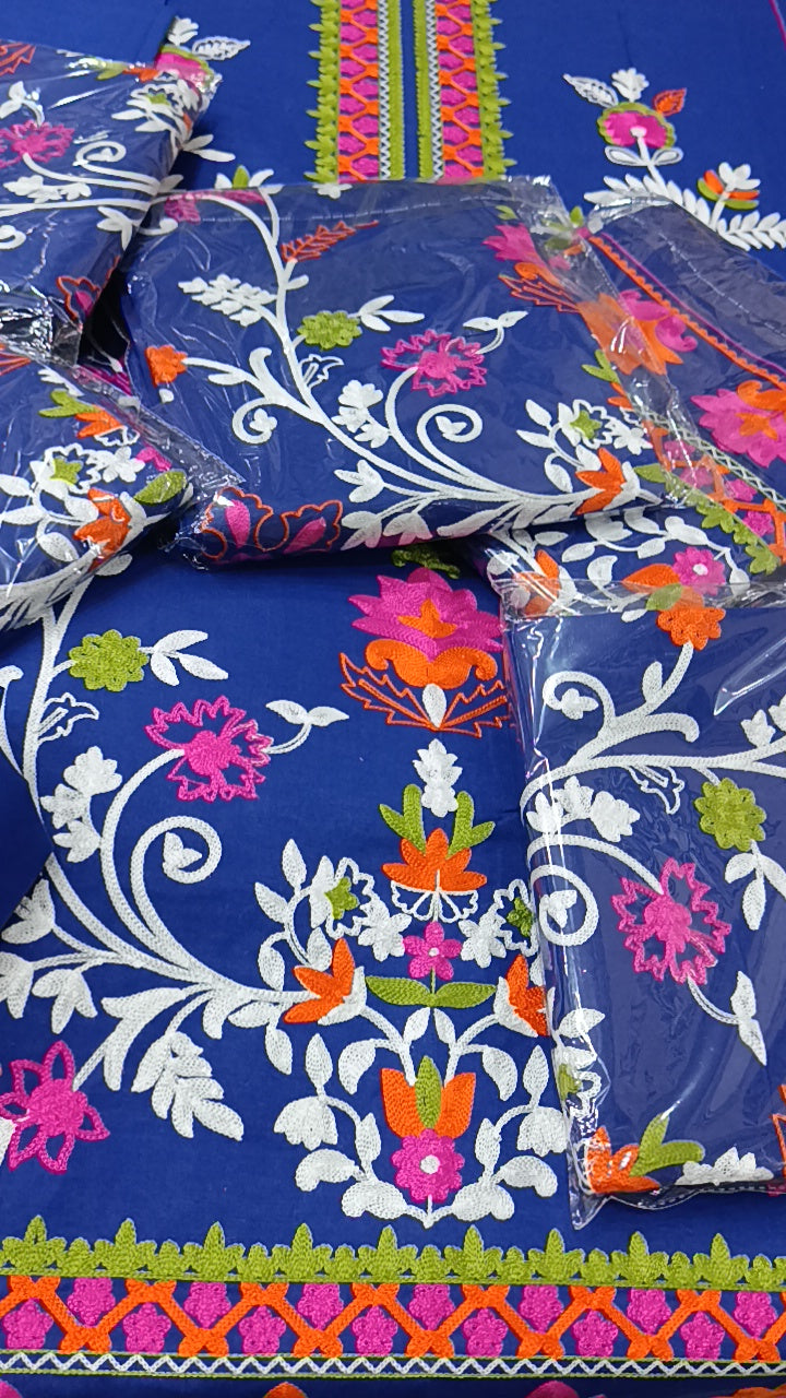Buy 3Pc  Royal Blue Aari Lawn Online at Shopping Karado - Premium Quality Unstitched Suit