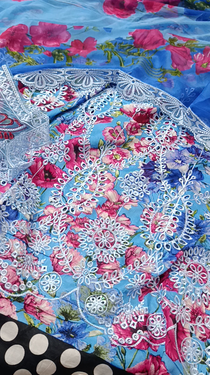 Buy 3Pc Maria B Blue Follower Print Lawn Online at Shopping Karado - Premium Quality Unstitched Suit