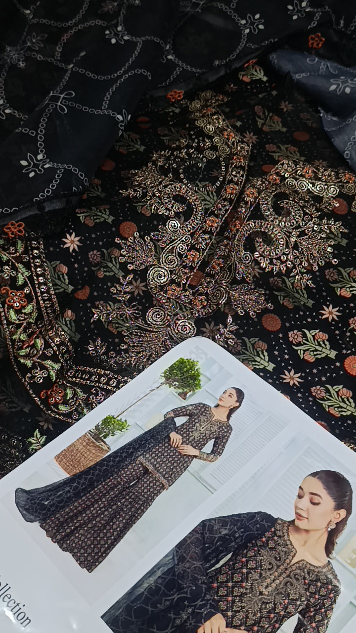 Buy 3Pc Black Sharara Lawn Online at Shopping Karado - Premium Quality Unstitched Suit