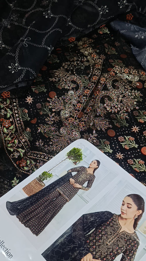 Buy 3Pc Black Sharara Lawn Online at Shopping Karado - Premium Quality Unstitched Suit