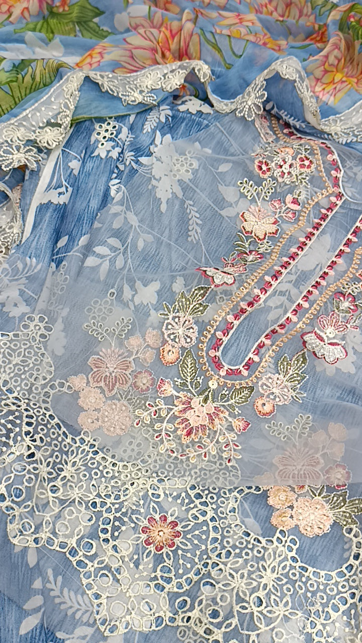 Buy 3Pc Hopper Blue Lawn Online at Shopping Karado - Premium Quality Unstitched Suit