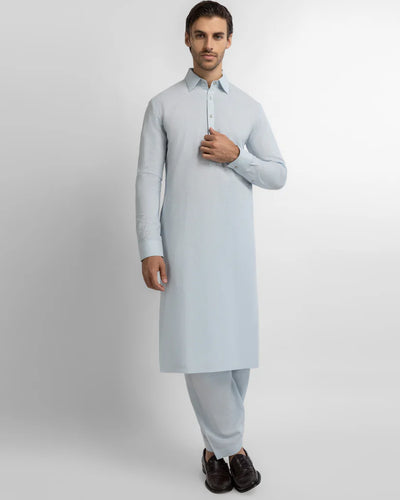 blue cotton linen plain kameez shalwar