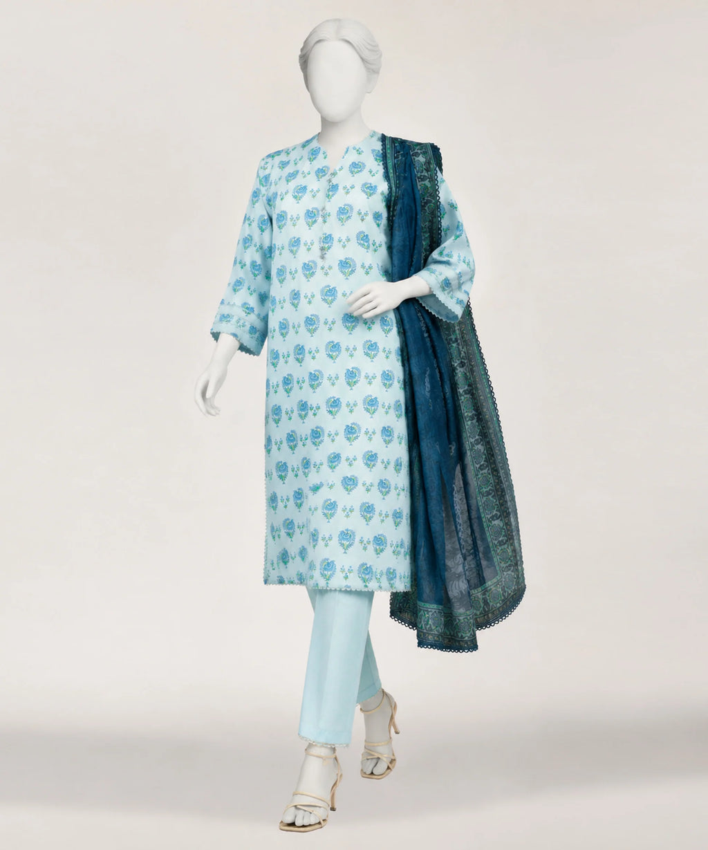 sky blue lawn printed stitched 3pc