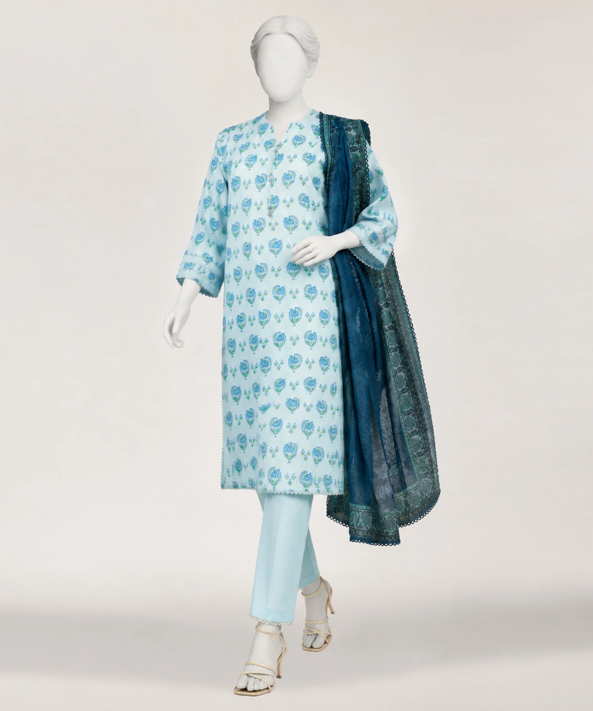 sky blue lawn printed stitched 3pc