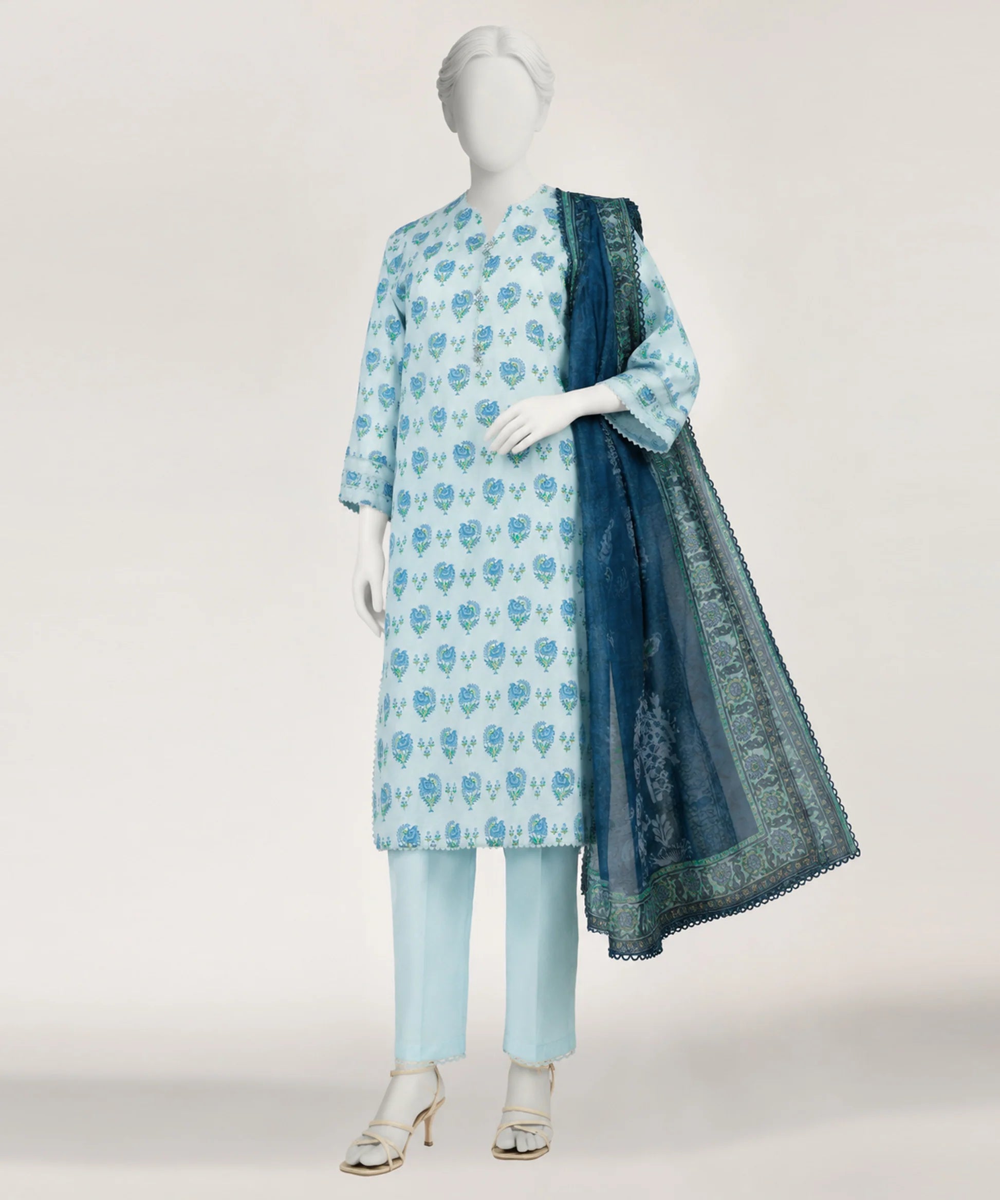 sky blue lawn printed stitched 3pc