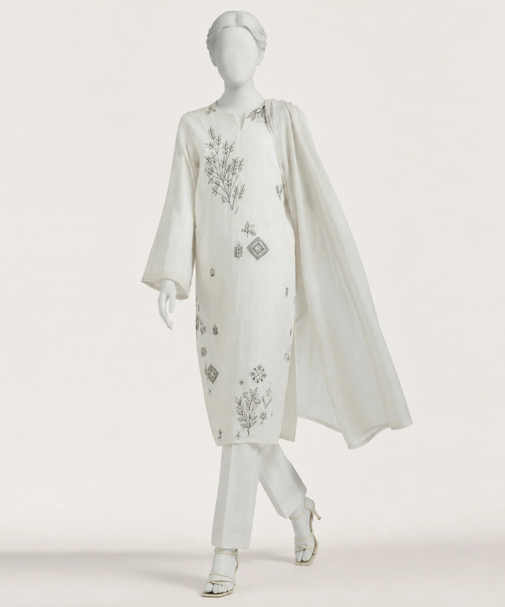 white dobby embroidered stitched 3pc