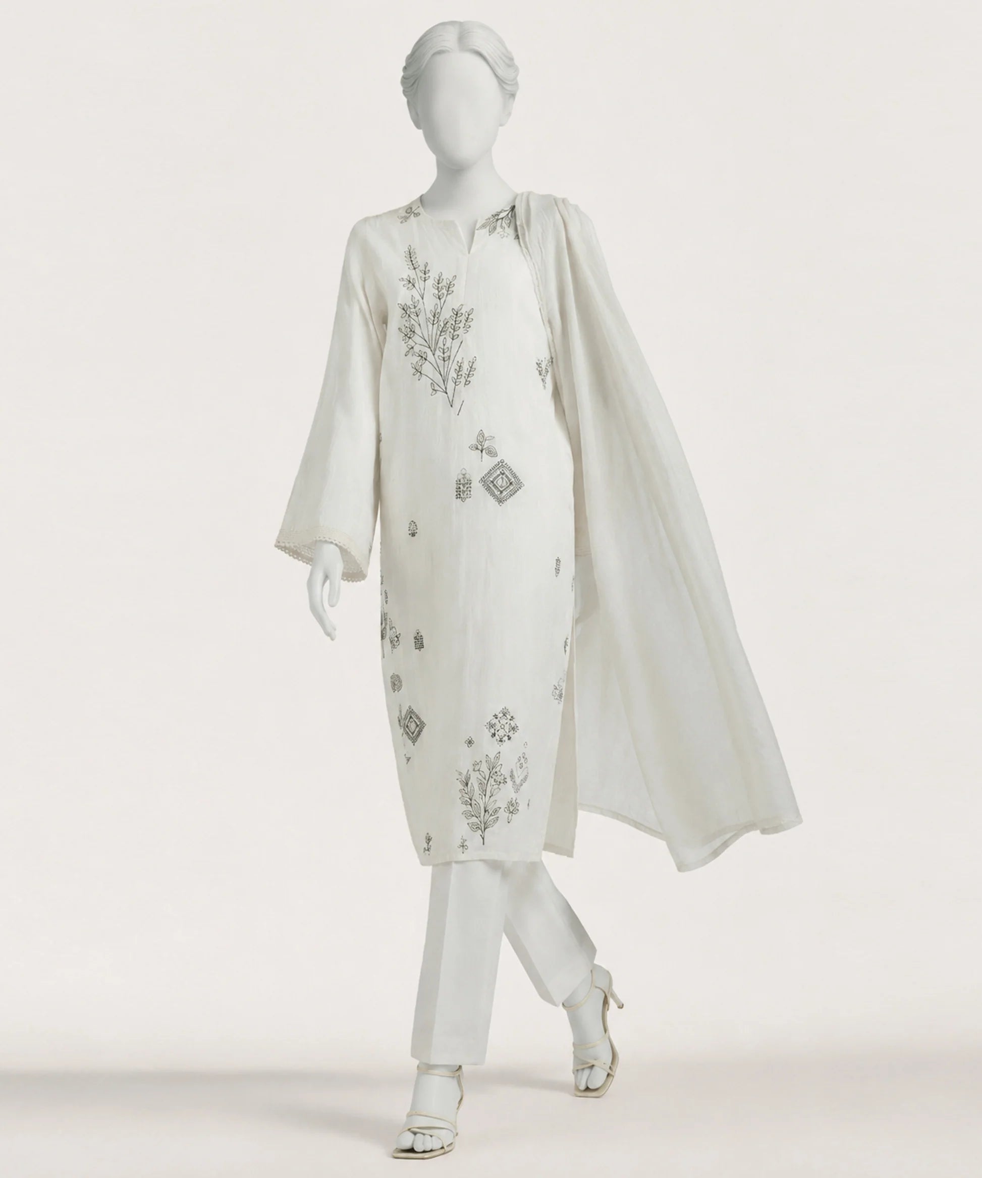 white dobby embroidered stitched 3pc