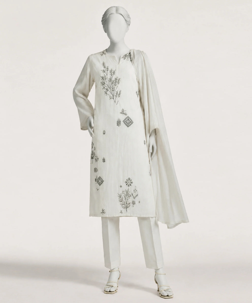 white dobby embroidered stitched 3pc
