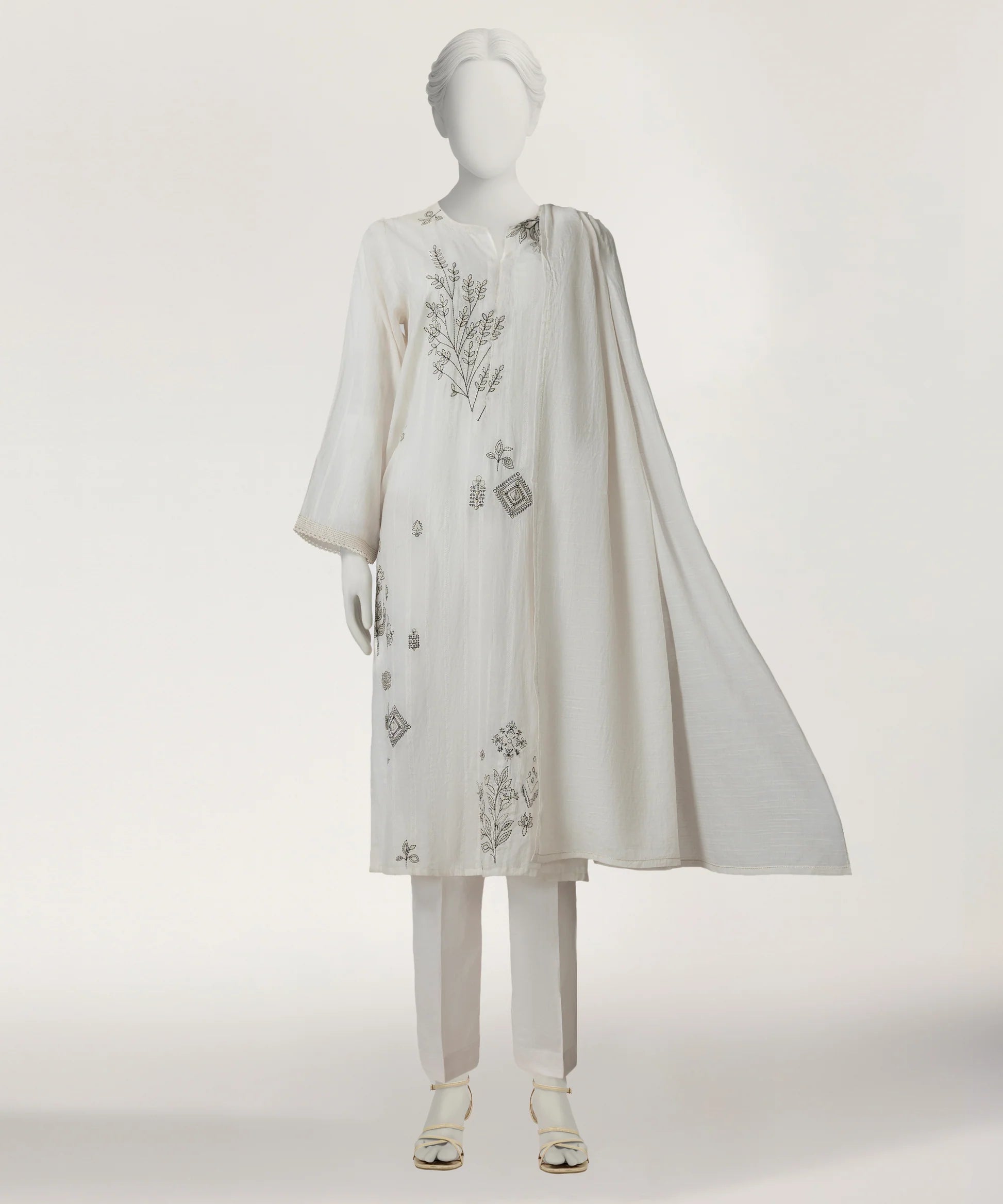 white dobby embroidered stitched 3pc