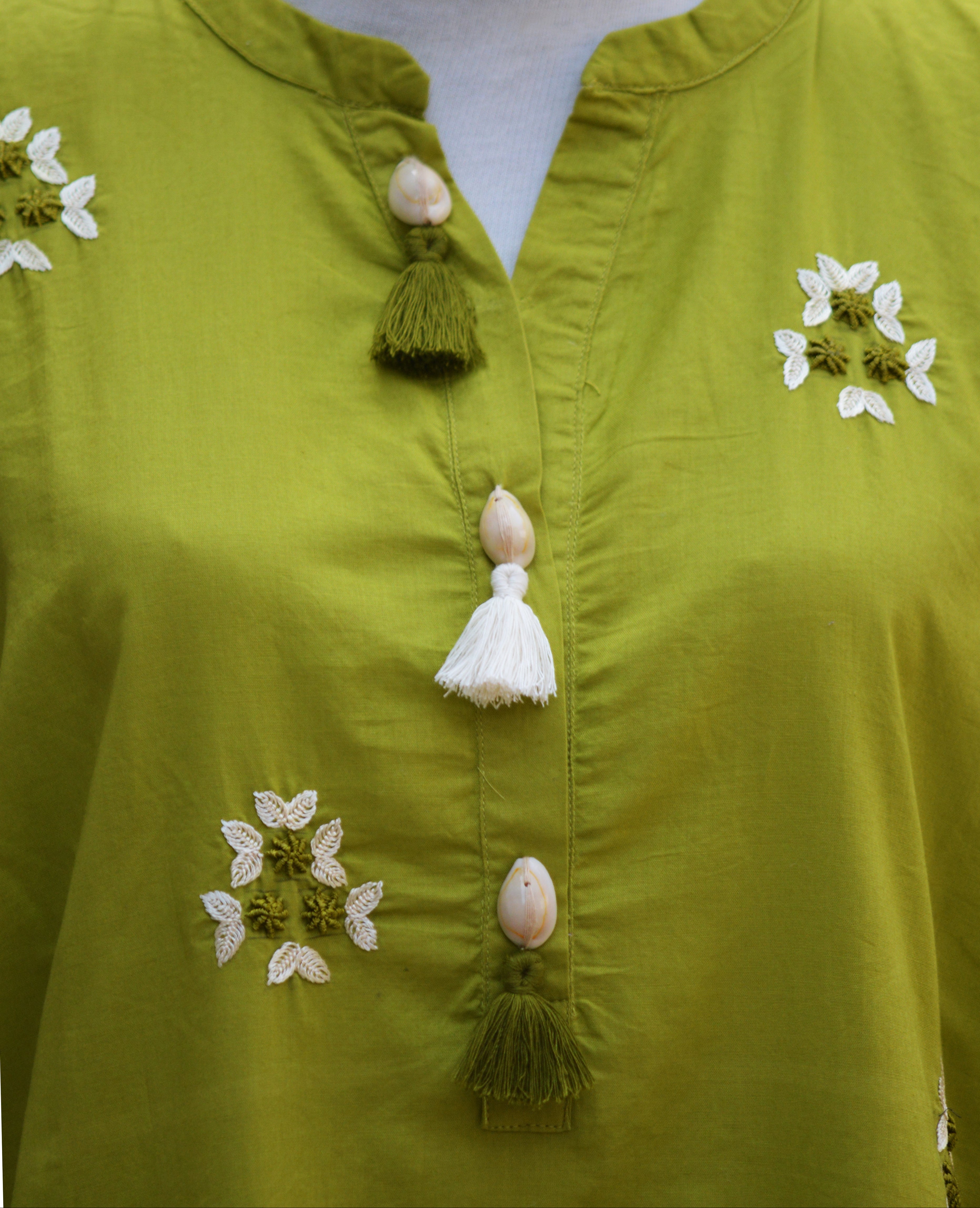 Lime Green Stitched Hand Embroidered Kurti – Cotton Jacquard