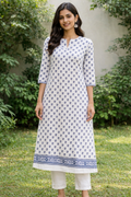 Hand Block Printed Lotus Tinny Blue Kurta – Unstitched Lawn Fabric