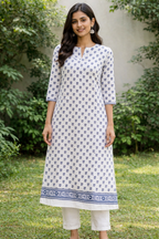 Hand Block Printed Lotus Tinny Blue Kurta – Unstitched Lawn Fabric