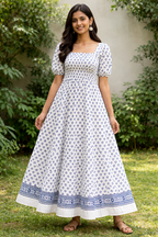 Hand Block Printed Lotus Tinny Blue Kurta – Unstitched Lawn Fabric