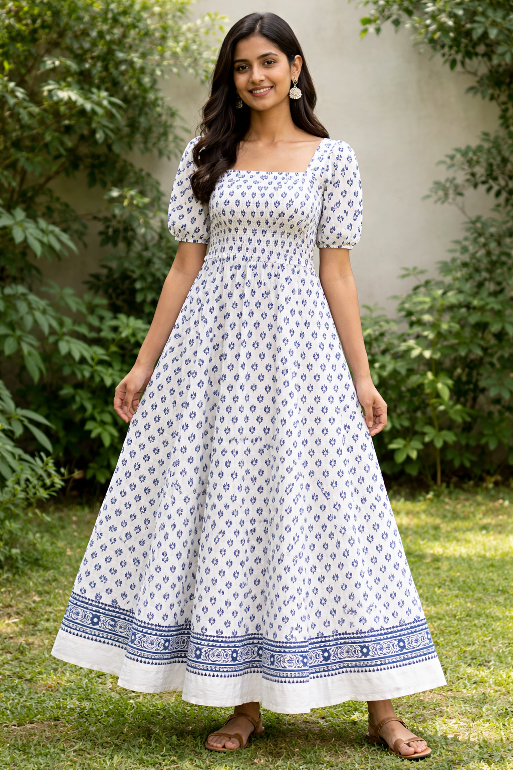 Hand Block Printed Lotus Tinny Blue Kurta – Unstitched Lawn Fabric
