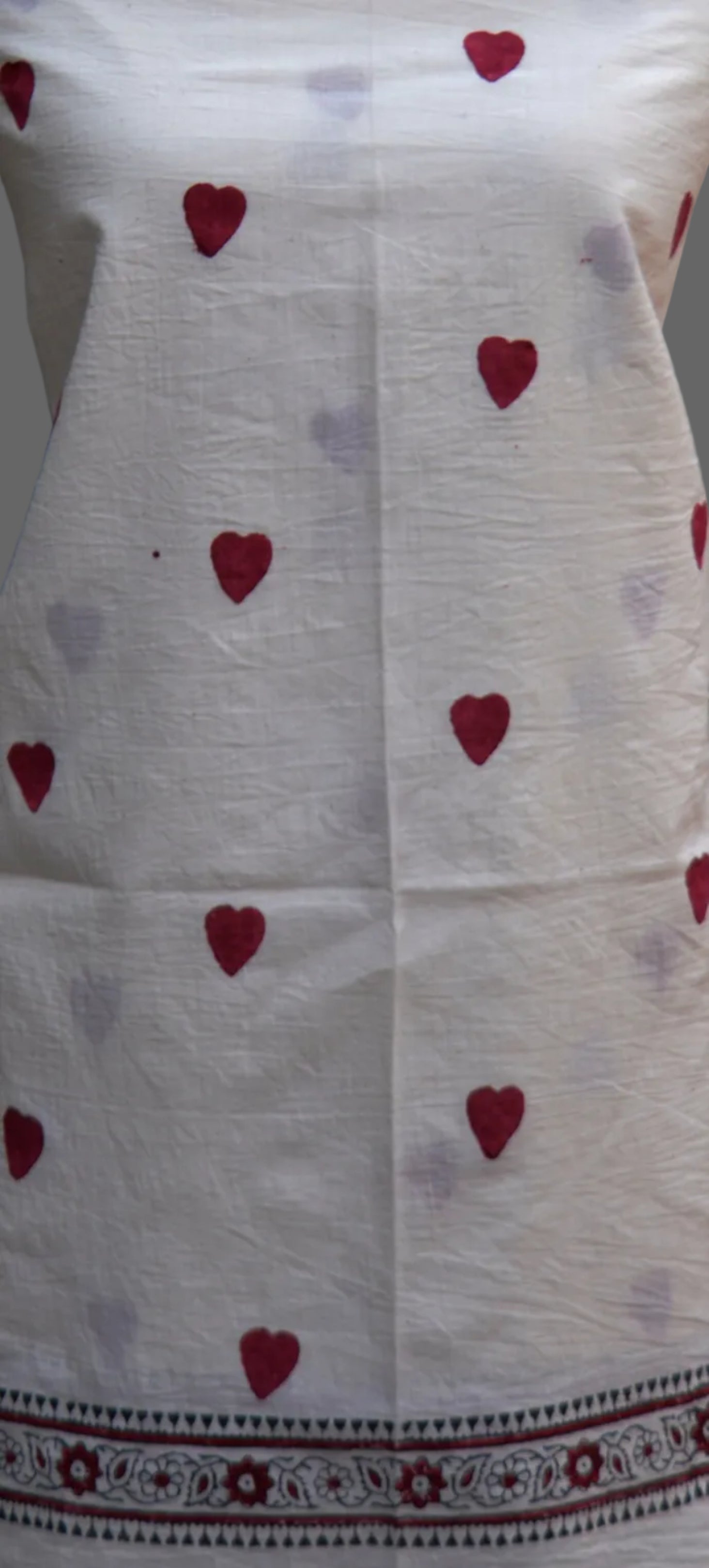 Luxury Hand Block Printed Medium Heart Design Two-Piece – Red on White Premium Cotton (Shirt & Dupatta)