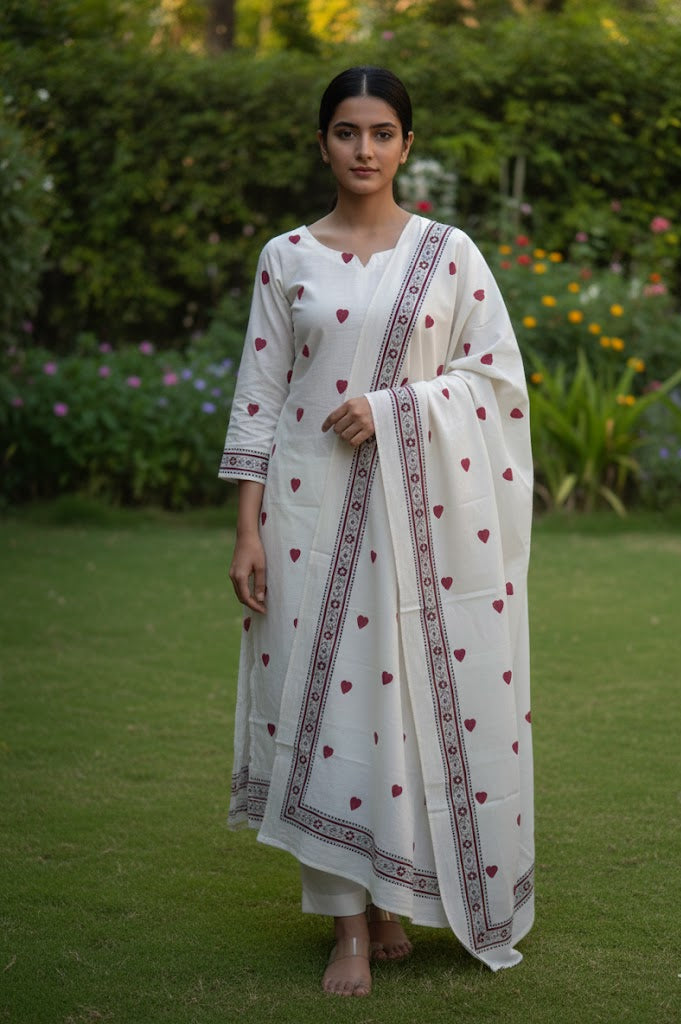 Luxury Hand Block Printed Medium Heart Design Two-Piece – Red on White Premium Cotton (Shirt & Dupatta)