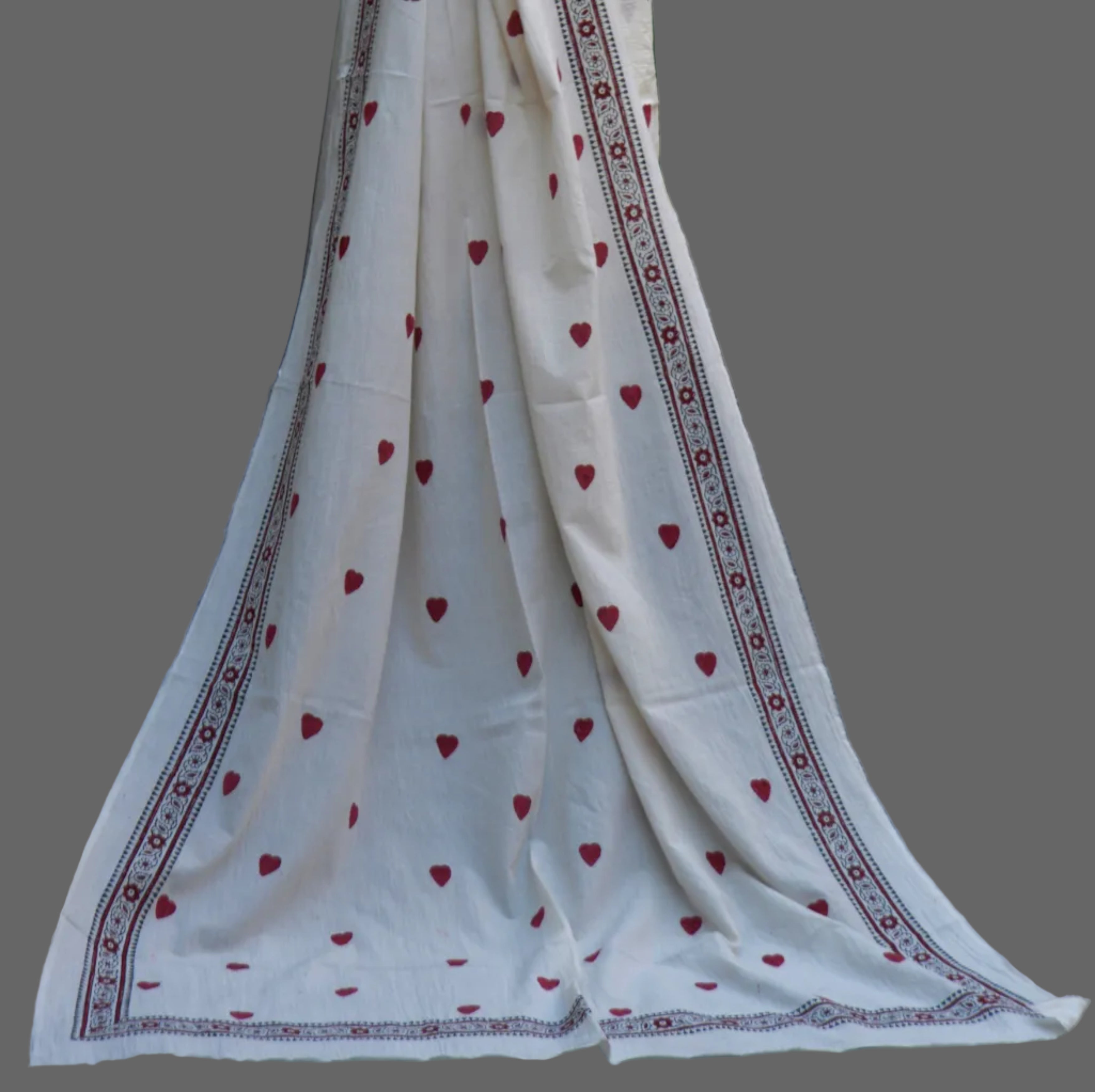 Luxury Hand Block Printed Medium Heart Design Two-Piece – Red on White Premium Cotton (Shirt & Dupatta)
