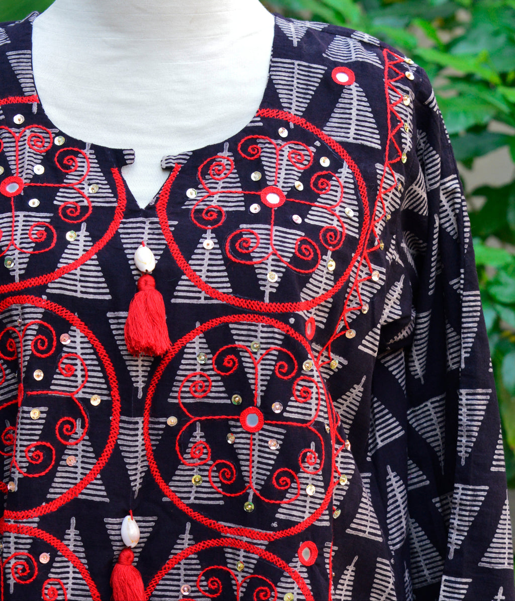 Natural Dyed Ajrak Kurti frock – Hand Block Printed with Mirror Embroidery (Lawn)