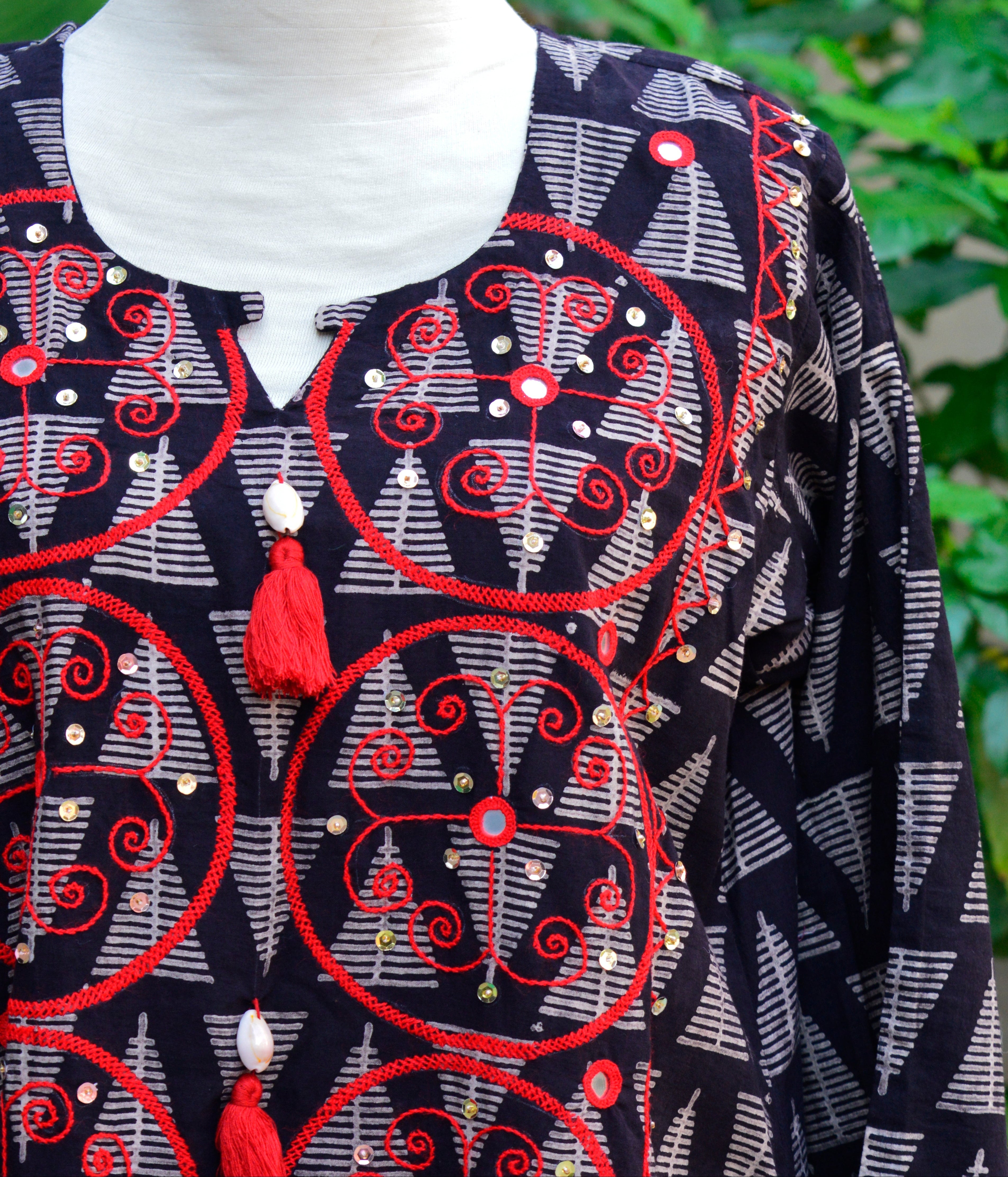 Natural Dyed Ajrak Kurti frock – Hand Block Printed with Mirror Embroidery (Lawn)