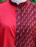 Mix & Match Ajrak Redish Maroon Kerry Top with Solid Bright Red – Lawn Cotton Medium Size