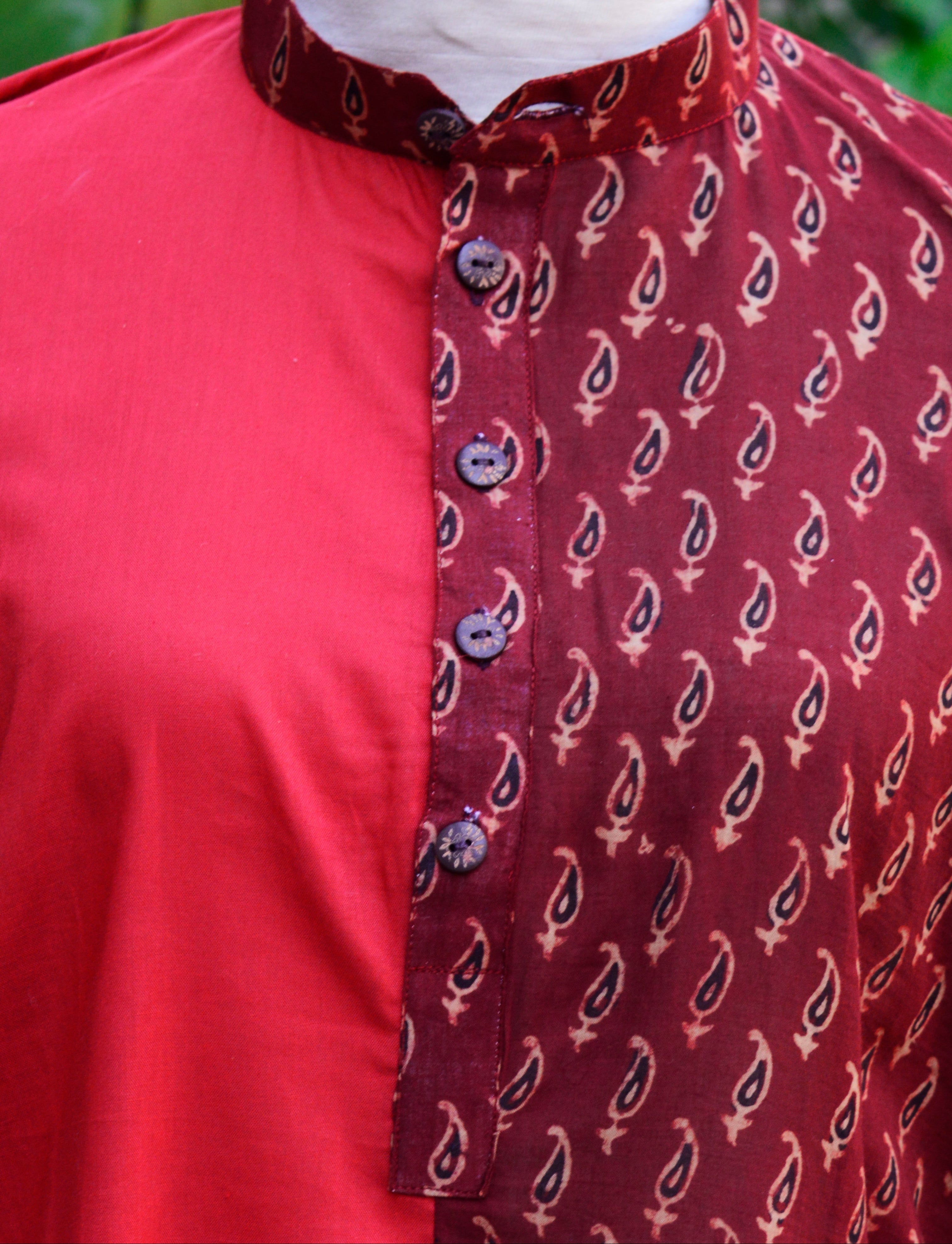 Mix & Match Ajrak Redish Maroon Kerry Top with Solid Bright Red – Lawn Cotton Medium Size