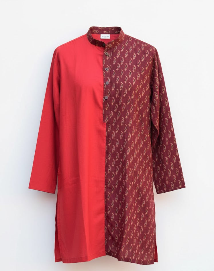 Mix & Match Ajrak Redish Maroon Kerry Top with Solid Bright Red – Lawn Cotton Medium Size