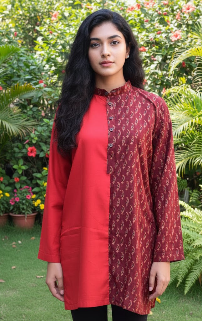 Mix & Match Ajrak Redish Maroon Kerry Top with Solid Bright Red – Lawn Cotton Medium Size