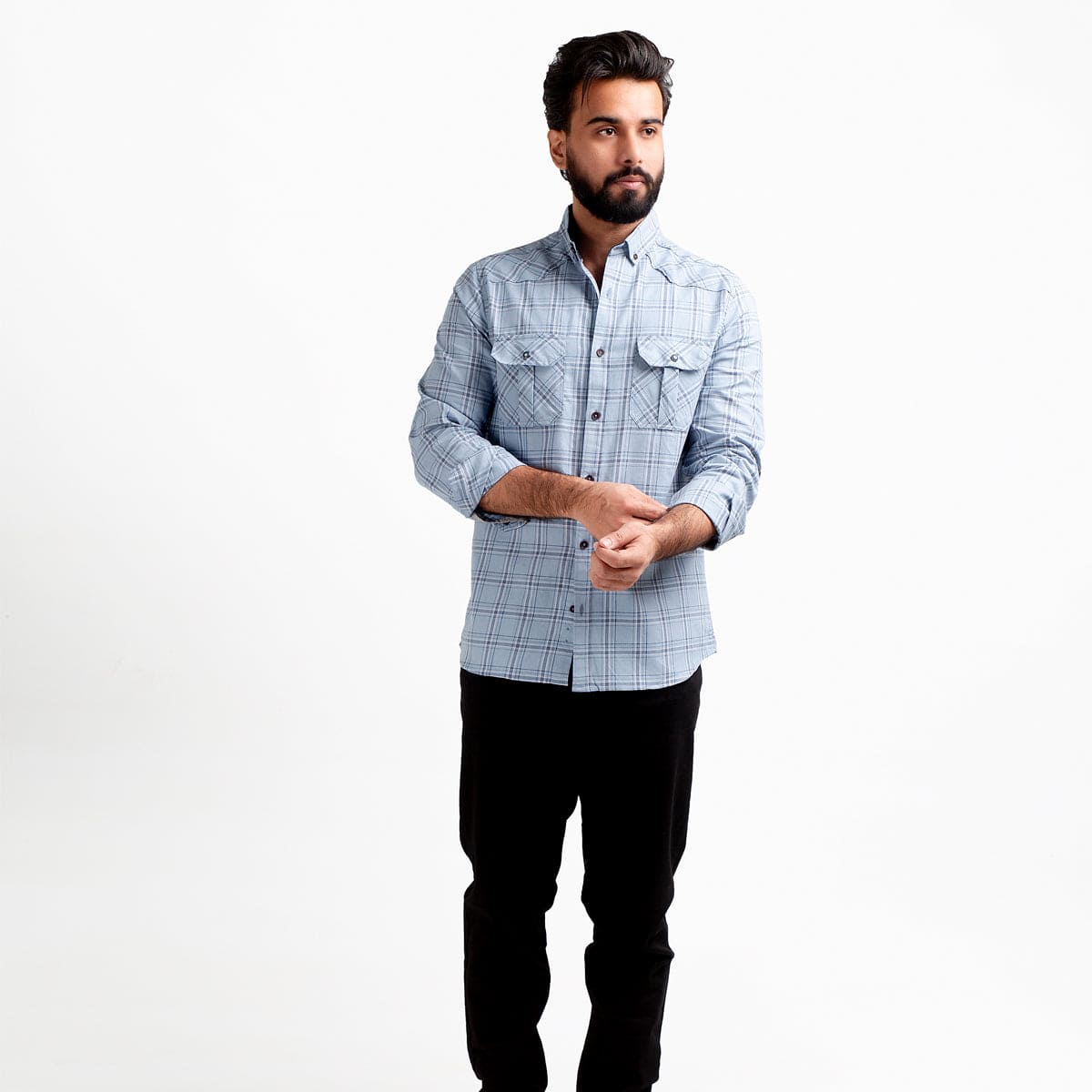 Men's Casual Checkered Shirt - Light Blue Shc-1980 - Blue - View 1
