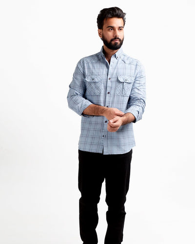 Men's Casual Checkered Shirt - Light Blue Shc-1980