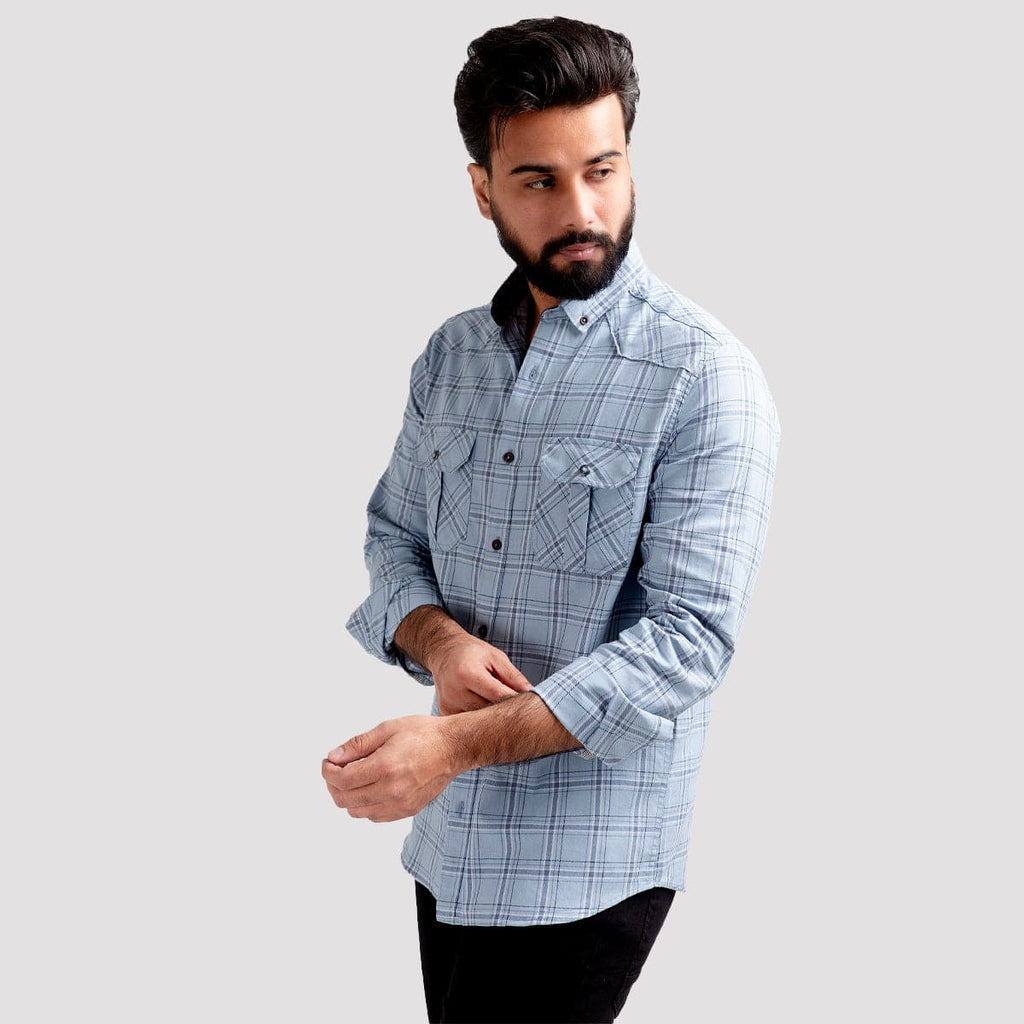 Men's Casual Checkered Shirt - Light Blue Shc-1980 - Blue - View 2
