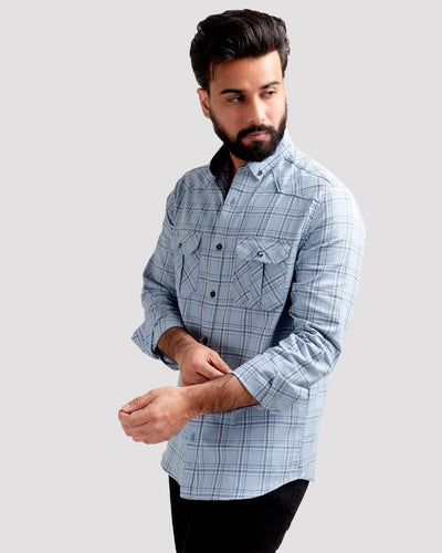Men's Casual Checkered Shirt - Light Blue Shc-1980