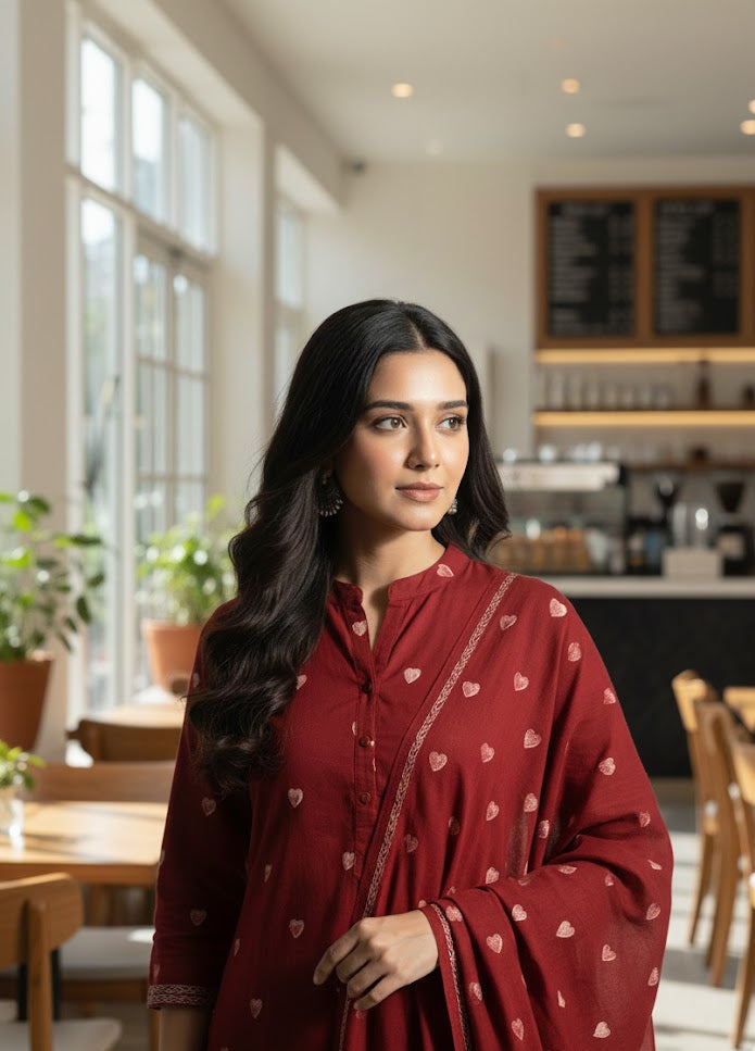 Organic Dye Hand Block Printed Ajrak Design Dress – Red Heart Two-Piece Cotton (Shirt & Dupatta)