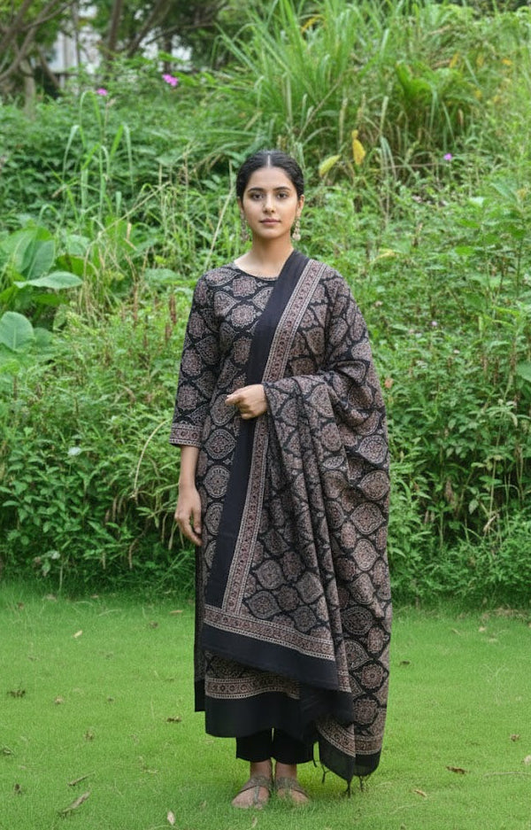 Organic Dye Hand Block Print Badam Black Contrast Ajrak Design Dress – Unstitched Two-Piece