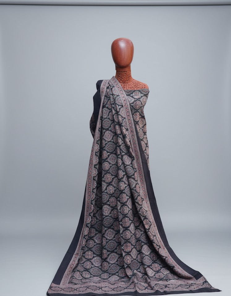 Organic Dye Hand Block Print Badam Black Contrast Ajrak Design Dress – Unstitched Two-Piece