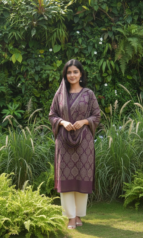 Organic Dye Hand Block Print Badam Feminin Nightshade Ajrak Design Dress – Self-Border Unstitched Two-Piece