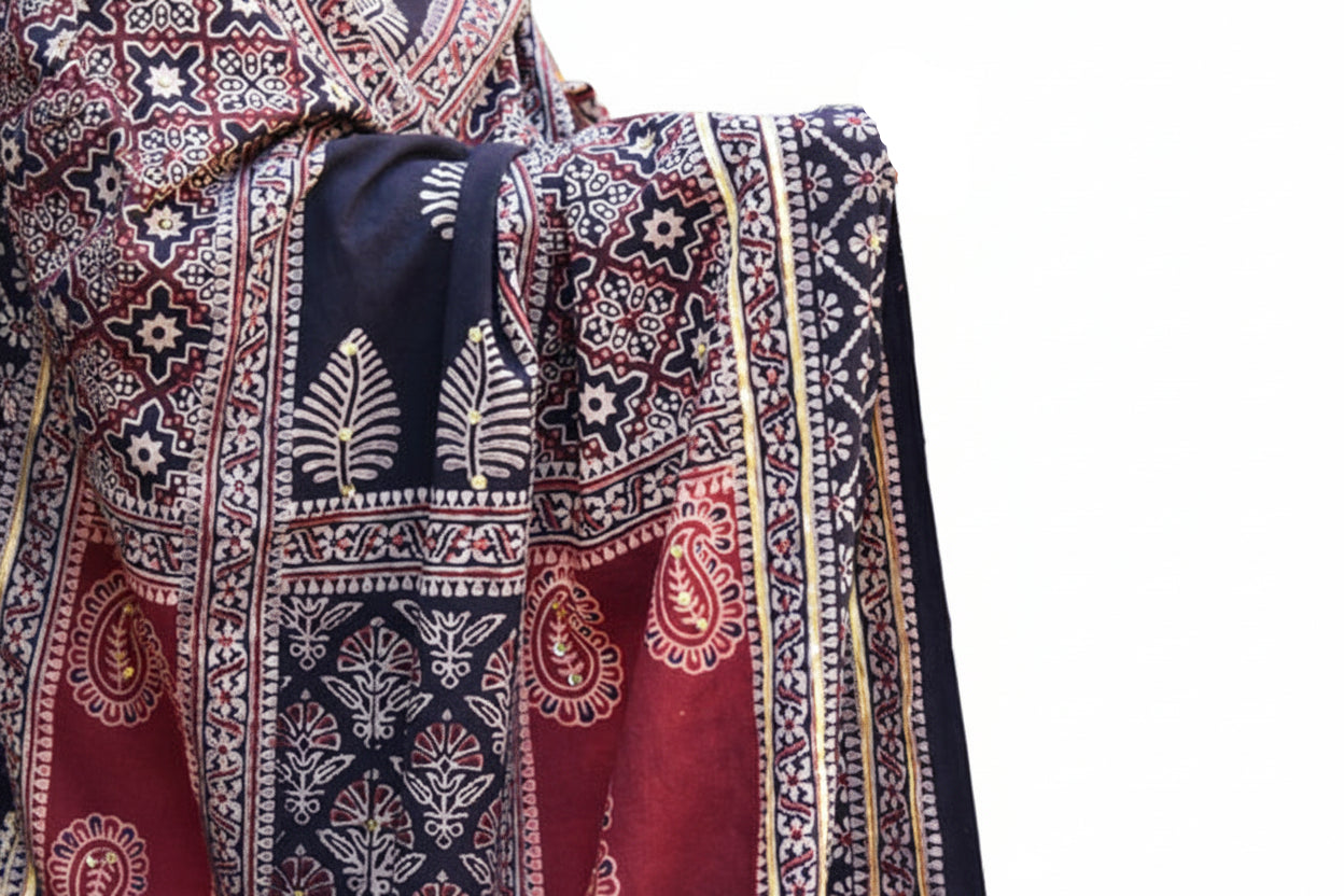 Organic Dye Hand Block Printed Ajrak Chaadar – Multi Blocks Design | Cotton Ajrak Chadar