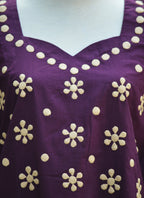 Purple Cotton Jacquard Kurti Set with Cream Appliqué – Stitched Kurta & Trouser