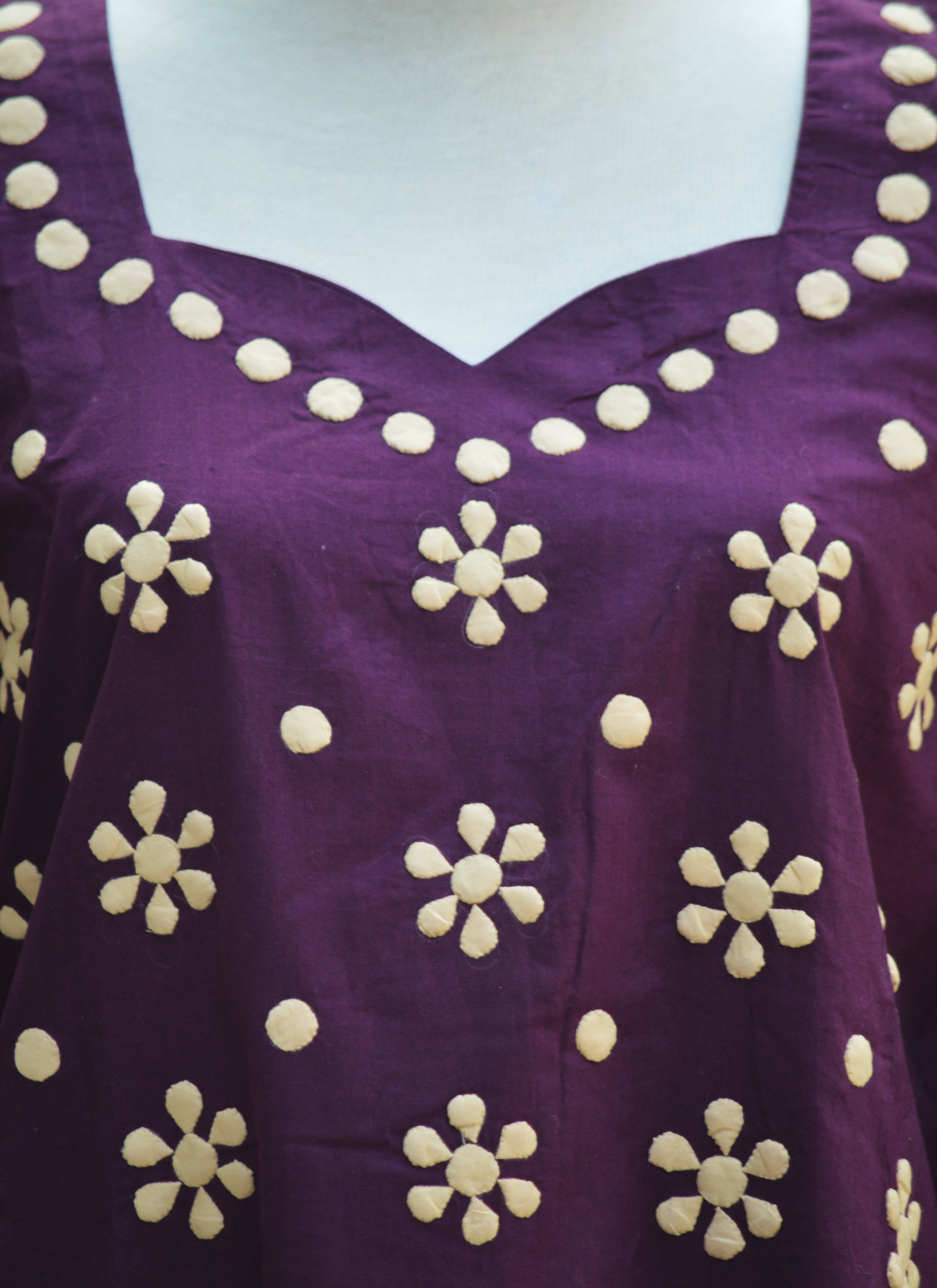 Purple Cotton Jacquard Kurti Set with Cream Appliqué – Stitched Kurta & Trouser