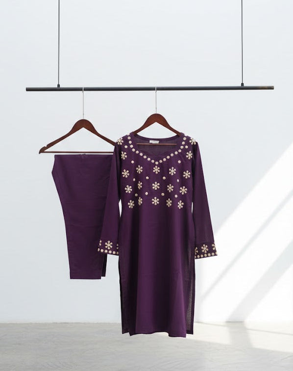 Purple Cotton Jacquard Kurti Set with Cream Appliqué – Stitched Kurta & Trouser