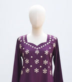 Purple Cotton Jacquard Kurti Set with Cream Appliqué – Stitched Kurta & Trouser