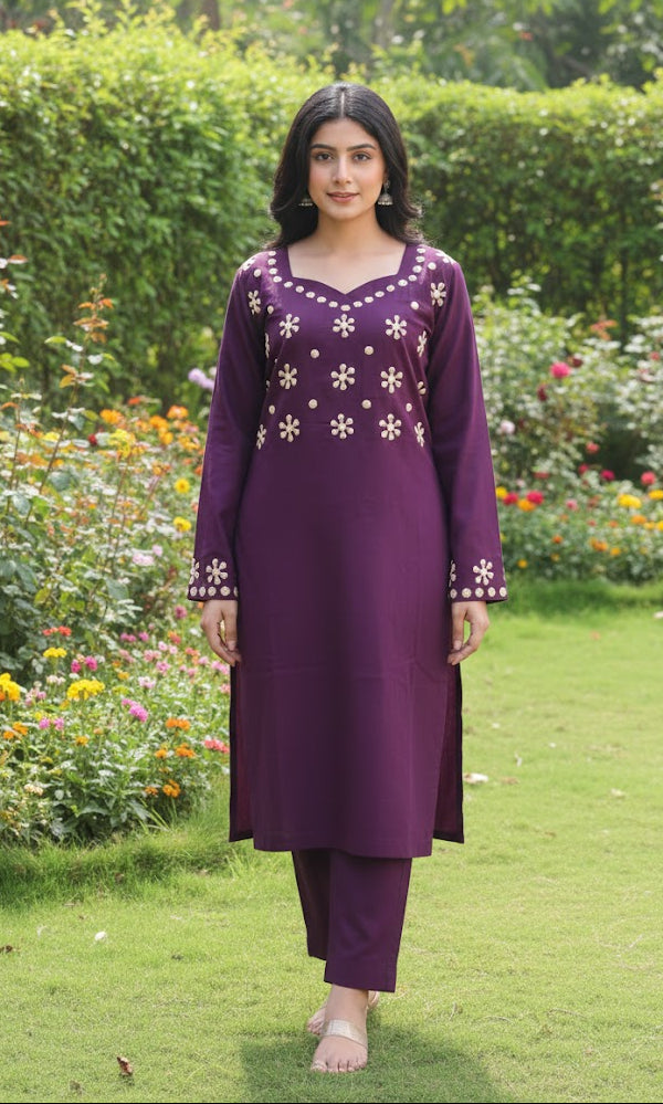 Purple Cotton Jacquard Kurti Set with Cream Appliqué – Stitched Kurta & Trouser