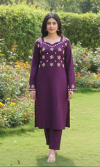 Purple Cotton Jacquard Kurti Set with Cream Appliqué – Stitched Kurta & Trouser