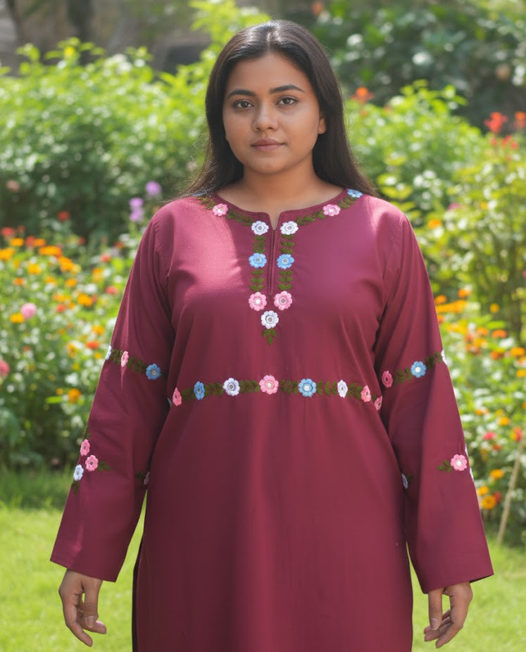 Hand Embroidered Burgundy Two-Piece Dress – Elegant Cotton Outfit for Women