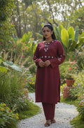 Hand Embroidered Burgundy Two-Piece Dress – Elegant Cotton Outfit for Women
